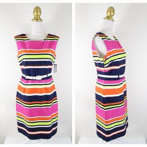 Tahari Pink Orange Striped Belted Sheath Dress NEW